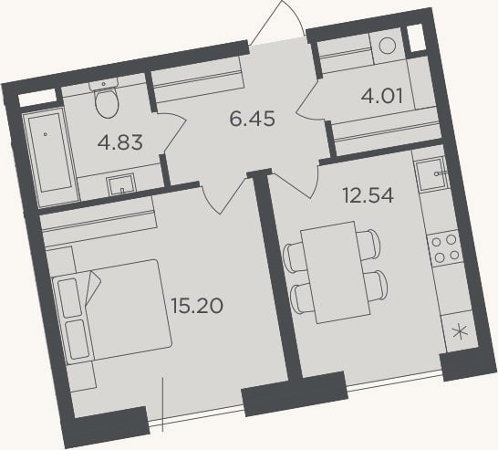 Планировка: 1-к, 43 м²