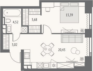 Планировка: 2-к, 45 м²