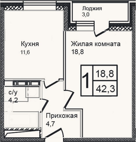 Планировка: 1-к, 39,3 м²
