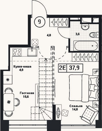Планировка: 2-к, 37,9 м²