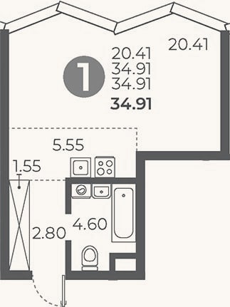 Планировка: Студия, 34,9 м²