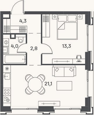 Планировка: 2-к, 45,5 м²