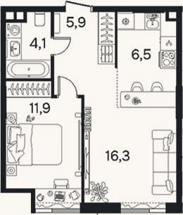 Планировка: 2-к, 44,5 м²