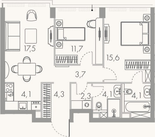 Планировка: 3-к, 64,7 м²