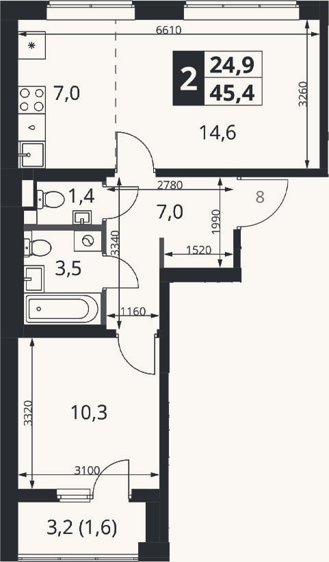 Планировка: 2-к, 43,8 м²