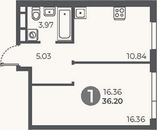Планировка: 1-к, 36,2 м²