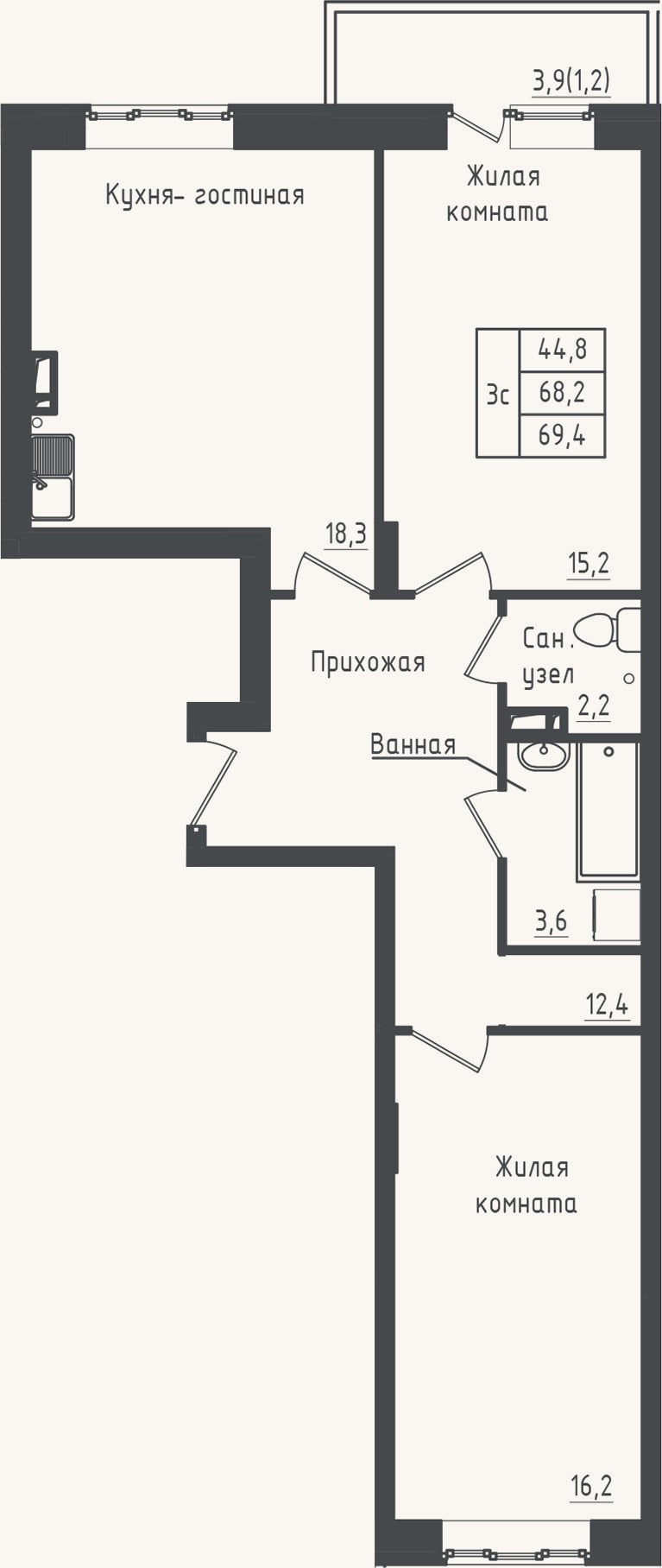Планировка: 2-к, 68,2 м²