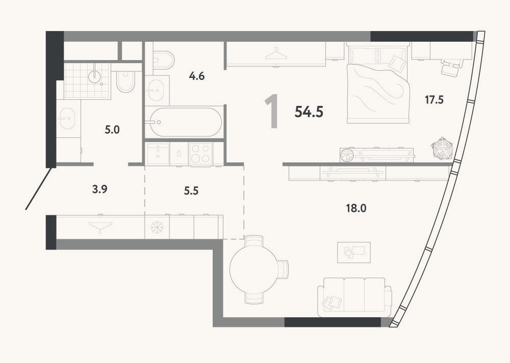 Планировка: 2-к, 54,5 м²
