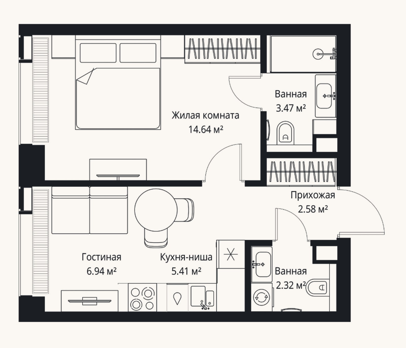 Планировка: 2-к, 35,4 м²