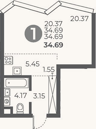 Планировка: Студия, 34,7 м²