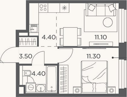Планировка: 2-к, 34,7 м²