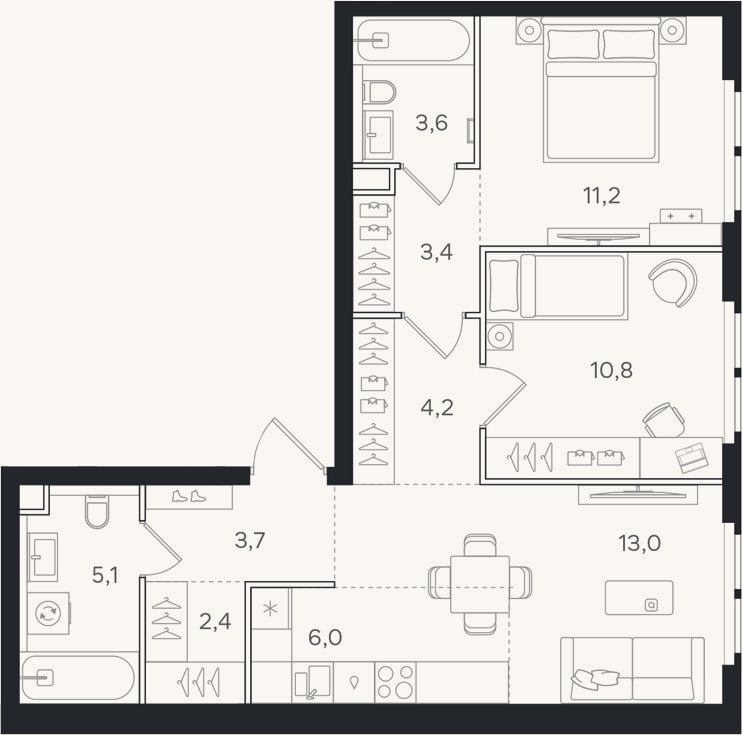 Планировка: 3-к, 63,4 м²
