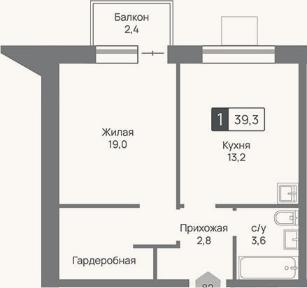 Планировка: 1-к, 38,6 м²