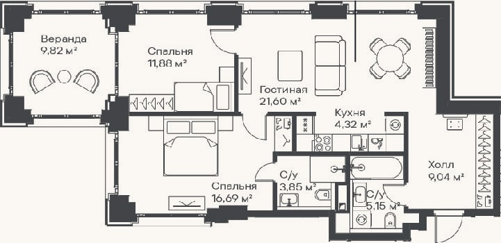 Планировка: 3-к, 72,5 м²