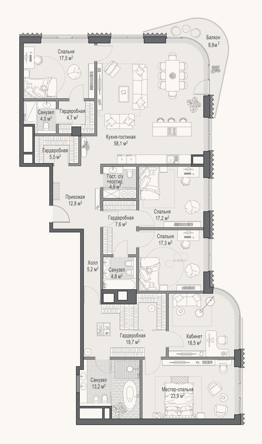 Планировка: 4+ к, 231,4 м²