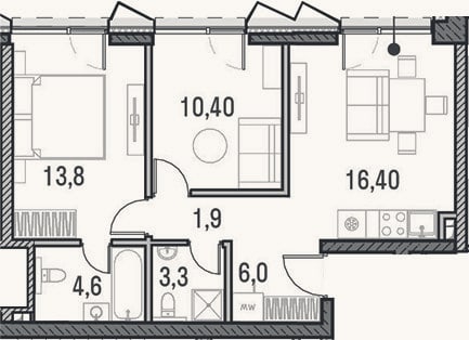 Планировка: 3-к, 55,6 м²