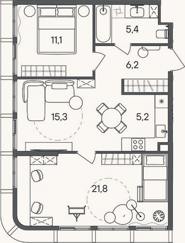 Планировка: 3-к, 65 м²