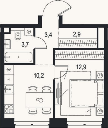 Планировка: 1-к, 33,1 м²