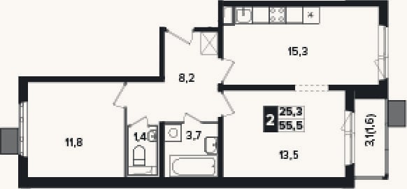Планировка: 2-к, 53,9 м²