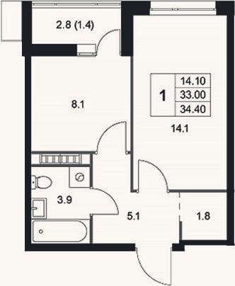 Планировка: 1-к, 33 м²