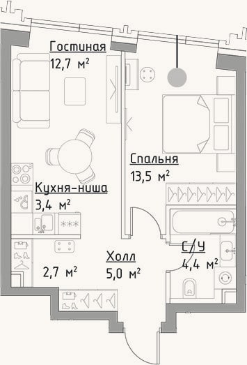 Планировка: 2-к, 41,7 м²