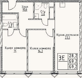 Планировка: 3-к, 69,2 м²