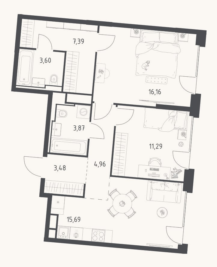 Планировка: 3-к, 66,4 м²