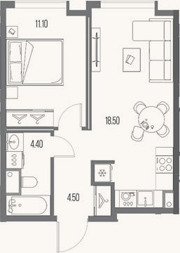 Планировка: 1-к, 38,5 м²