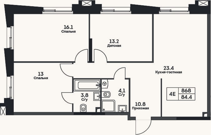 Планировка: 4+ к, 84,4 м²