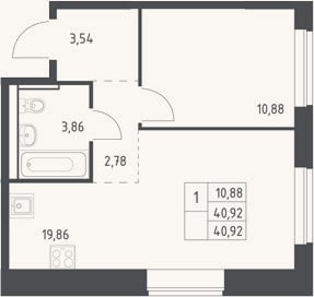 Планировка: 2-к, 40,9 м²
