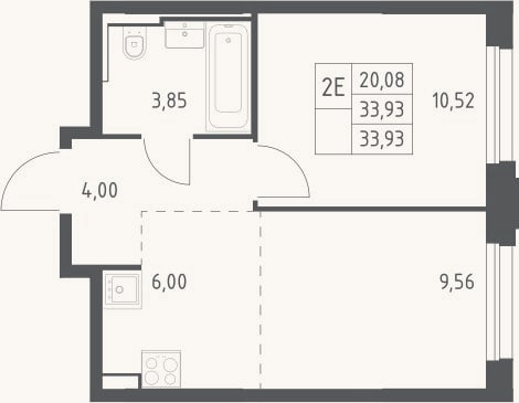 Планировка: 2-к, 33,9 м²