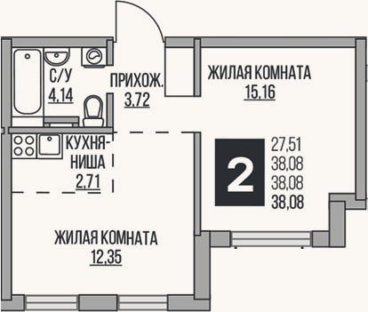 Планировка: 2-к, 38,1 м²