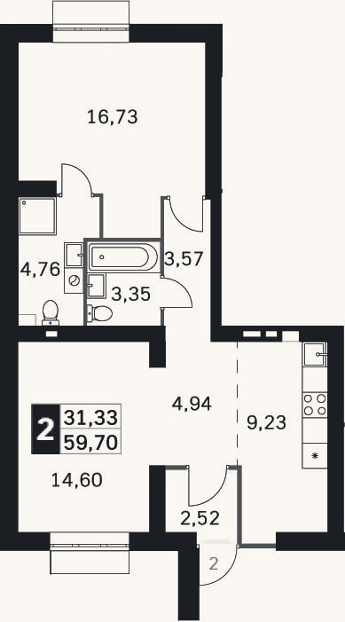 Планировка: 2-к, 59,7 м²