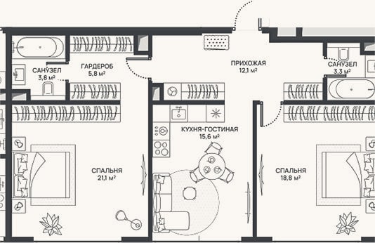 Планировка: 3-к, 80,5 м²