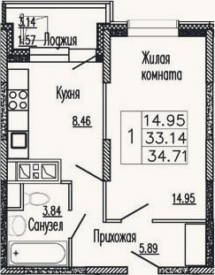 Планировка: 1-к, 34,2 м²