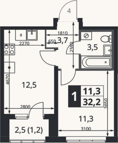 Планировка: 1-к, 31 м²