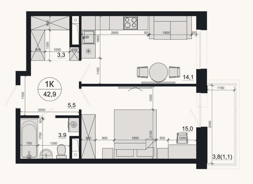 Планировка: 1-к, 41,8 м²