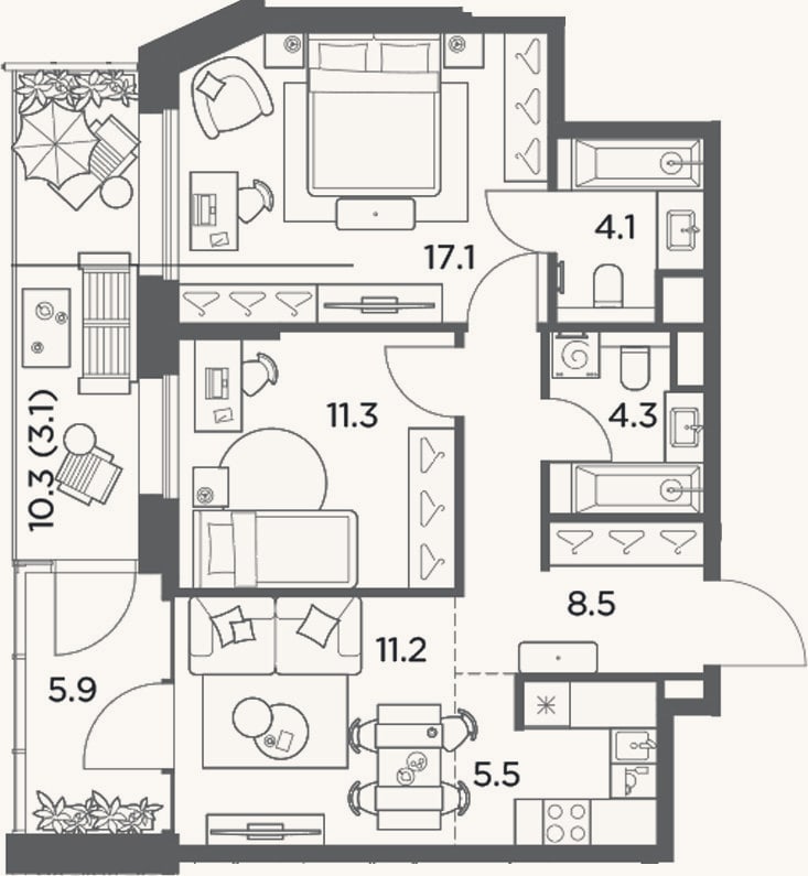 Планировка: 3-к, 62 м²