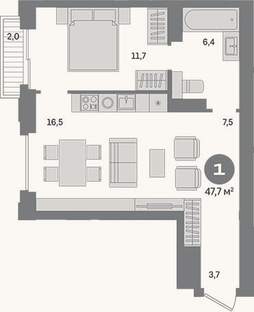 Планировка: 1-к, 45,7 м²