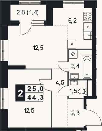 Планировка: 2-к, 42,9 м²