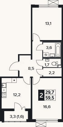 Планировка: 2-к, 57,9 м²