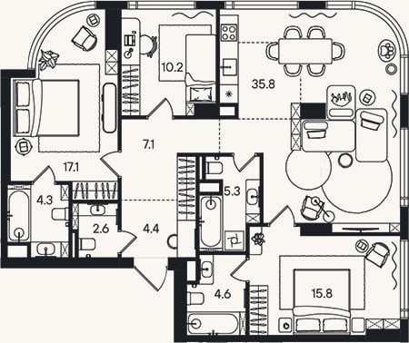 Планировка: 4+ к, 107,2 м²