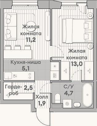 Планировка: 2-к, 38,4 м²