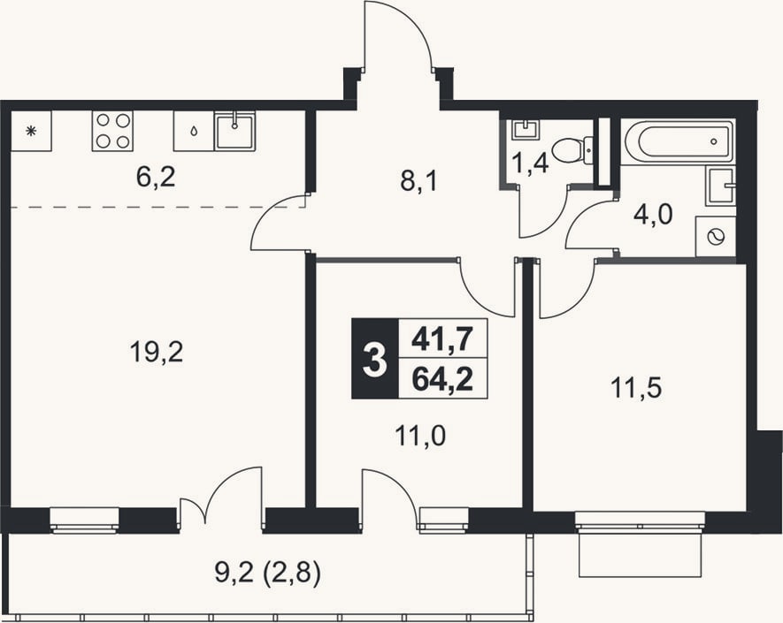 Планировка: 3-к, 61,4 м²
