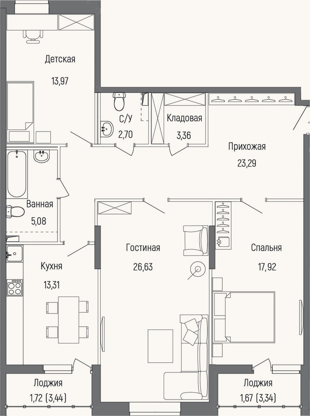 Планировка: 3-к, 106,3 м²