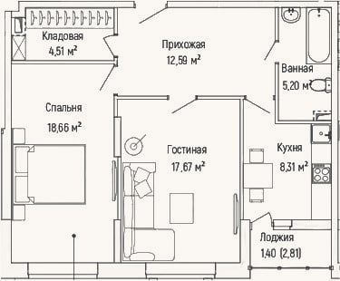 Планировка: 2-к, 67 м²