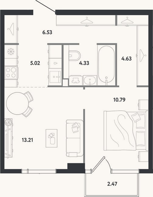 Планировка: 1-к, 44,5 м²
