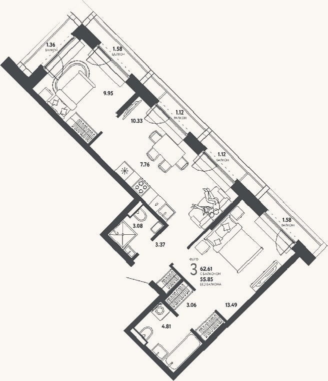 Планировка: 3-к, 55,9 м²