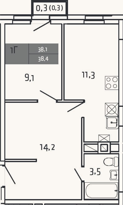 Планировка: 1-к, 38,1 м²