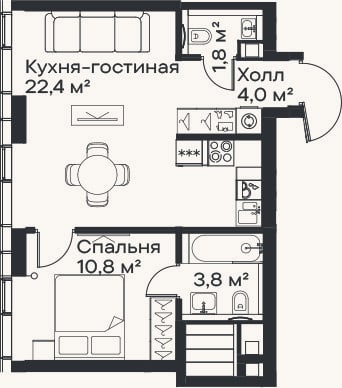 Планировка: 2-к, 42,8 м²